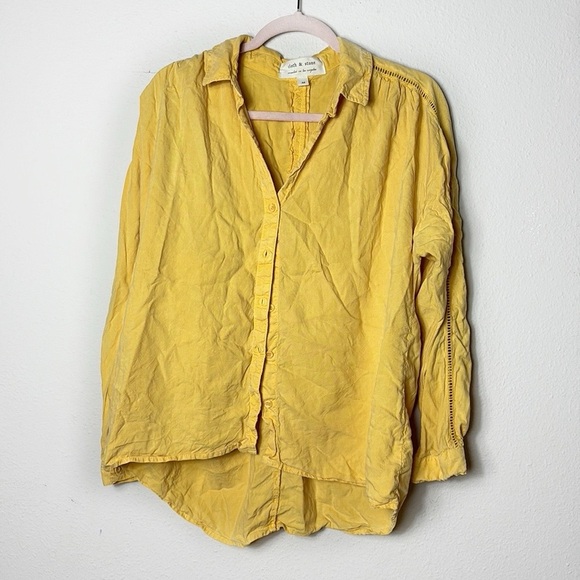 Cloth & Stone Button Down Shirt Eyelet Sleeve Top mustard yellow size M - Picture 2 of 11